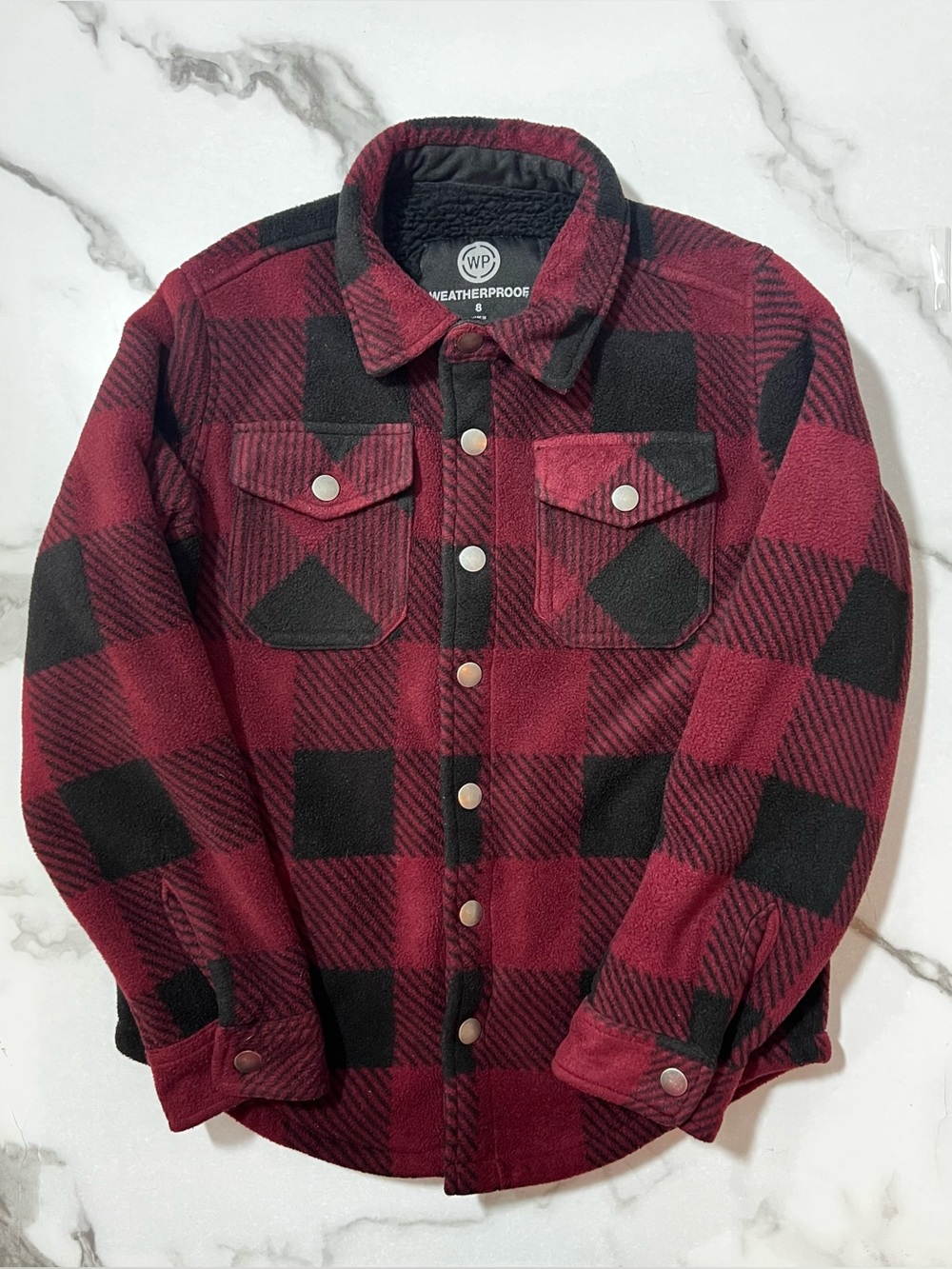 Weatherproof Kids Burgundy & Black Soft Sherpa Shirt Jacket Button Up Size 8